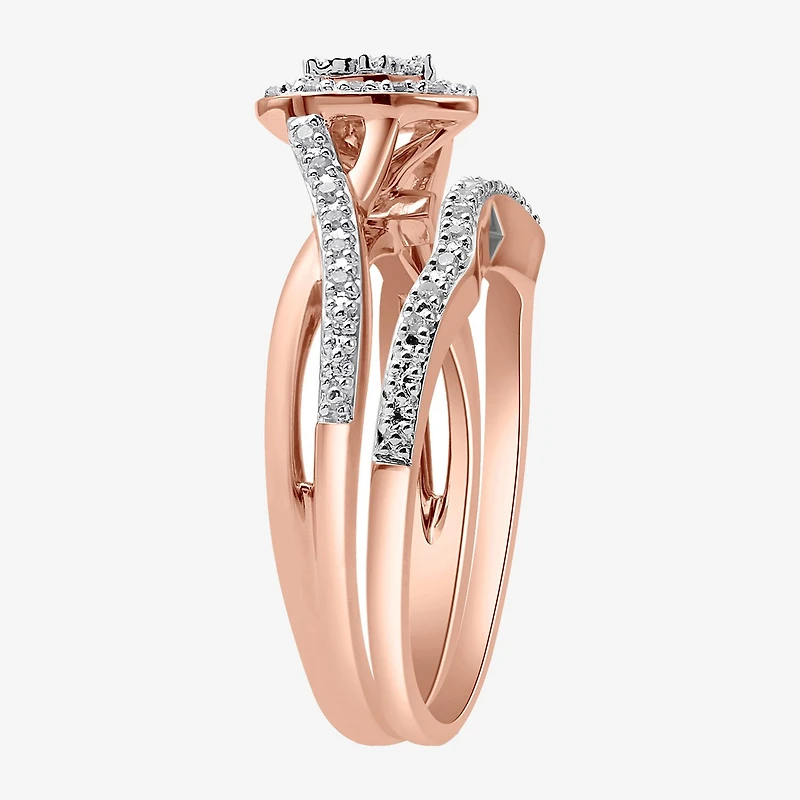 Surrounded by Love Womens 1/5 CT. Natural White Diamond 14K Rose Gold Over Silver Heart Side Stone Halo Bridal Set