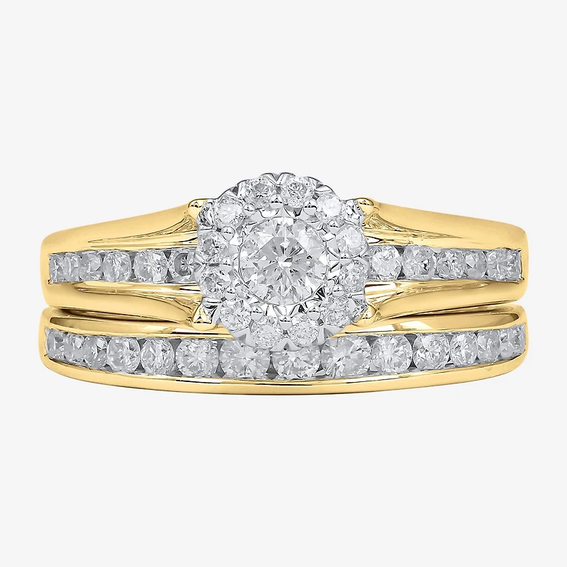 Womens 1 CT. T.W. Natural White Diamond 14K Gold Round Side Stone Halo Bridal Set