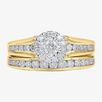 Womens 1 CT. T.W. Natural White Diamond 14K Gold Round Side Stone Halo Bridal Set