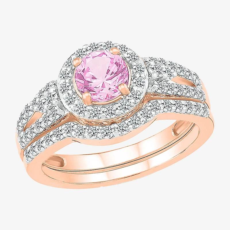 Modern Bride Gemstone Womens Lab Created Pink Sapphire 14K Gold Round Bridal Set