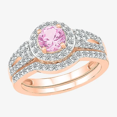 Modern Bride Gemstone Womens Lab Created Pink Sapphire 14K Gold Round Bridal Set