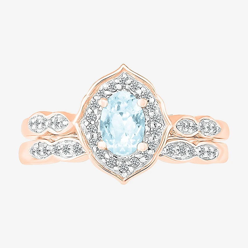 Womens Genuine Blue Aquamarine 14K Gold Oval Bridal Set
