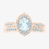 Womens Genuine Blue Aquamarine 14K Gold Oval Bridal Set