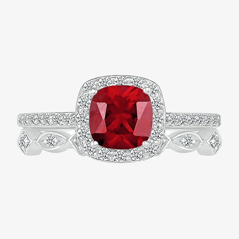 Modern Bride Gemstone Womens Lab Created Red Ruby 14K Gold Cushion Bridal Set