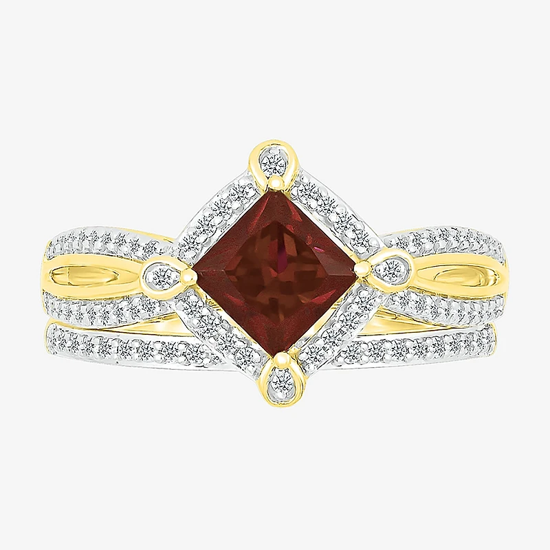 Modern Bride Gemstone Womens Genuine Red Garnet 14K Gold Diamond Bridal Set