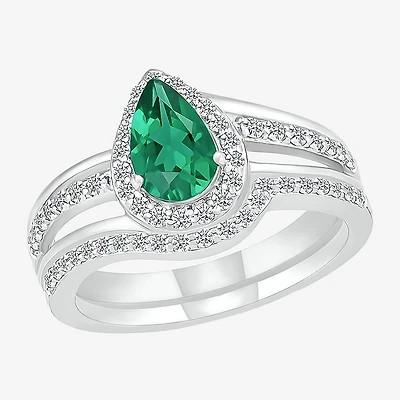 Modern Bride Gemstone Womens Lab Created Green Emerald 14K Gold Pear Bridal Set