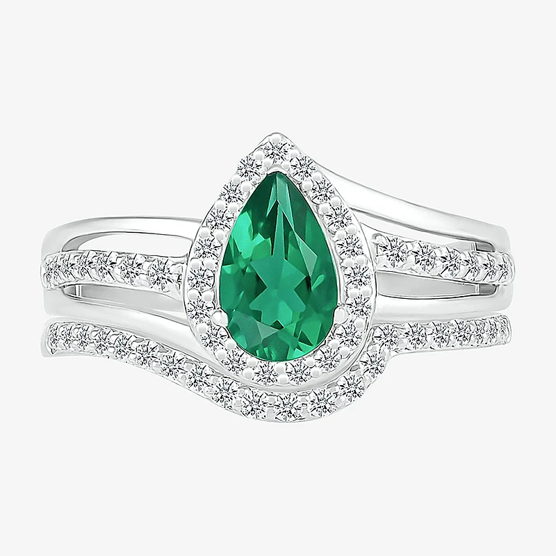 Modern Bride Gemstone Womens Lab Created Green Emerald 14K Gold Pear Bridal Set