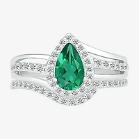 Modern Bride Gemstone Womens Lab Created Green Emerald 14K Gold Pear Bridal Set