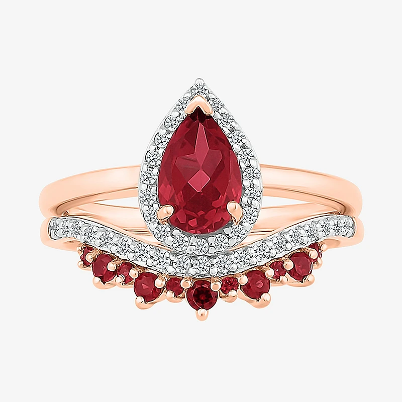 Modern Bride Gemstone Womens Lab Created Red Ruby 14K Gold Pear Bridal Set