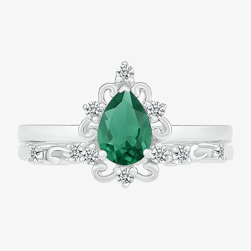 Modern Bride Gemstone Womens Lab Created Green Emerald 14K Gold Pear Bridal Set