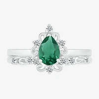 Modern Bride Gemstone Womens Lab Created Green Emerald 14K Gold Pear Bridal Set