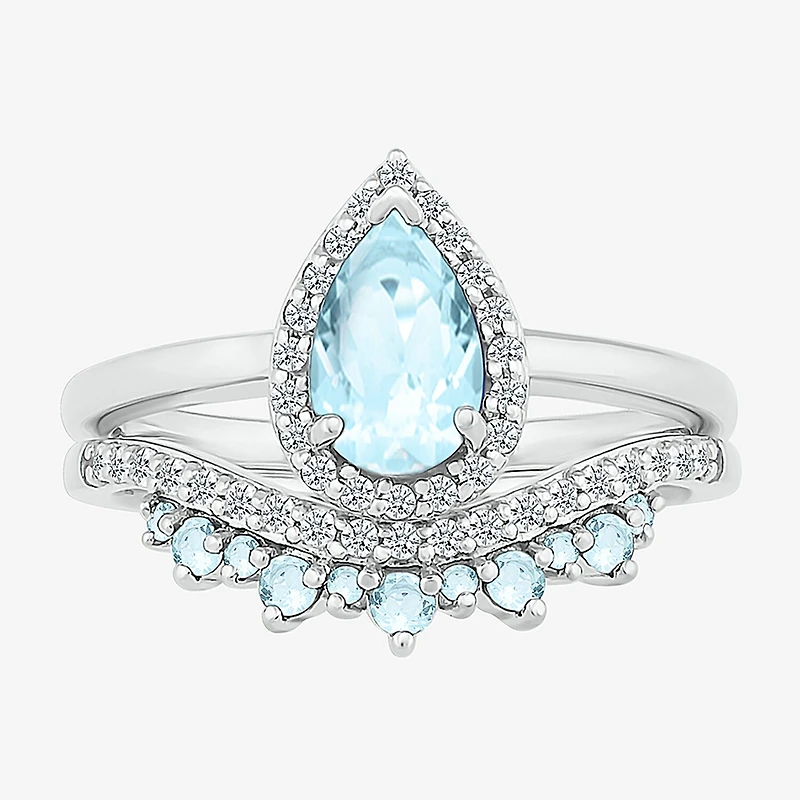 Modern Bride Gemstone Womens Genuine Blue Aquamarine 14K Gold Pear Bridal Set