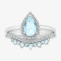 Modern Bride Gemstone Womens Genuine Blue Aquamarine 14K Gold Pear Bridal Set