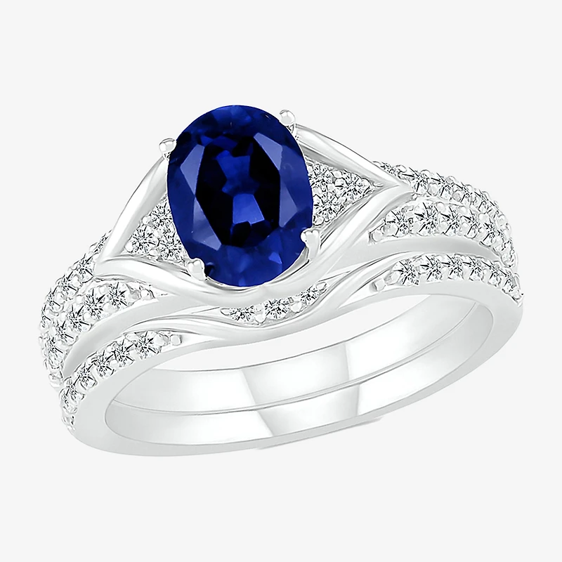 Modern Bride Gemstone Womens Lab Created Sapphire 14K Gold Oval Bridal Set