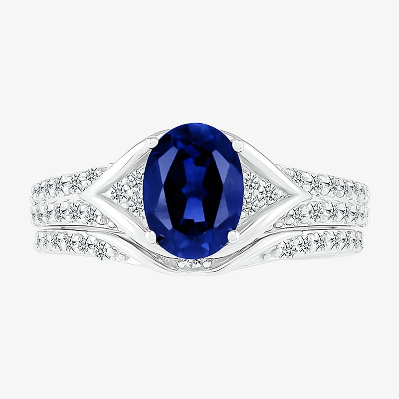 Modern Bride Gemstone Womens Lab Created Sapphire 14K Gold Oval Bridal Set