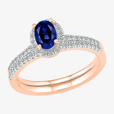 Modern Bride Gemstone Womens Lab Created Blue Sapphire 14K Gold Oval Bridal Set