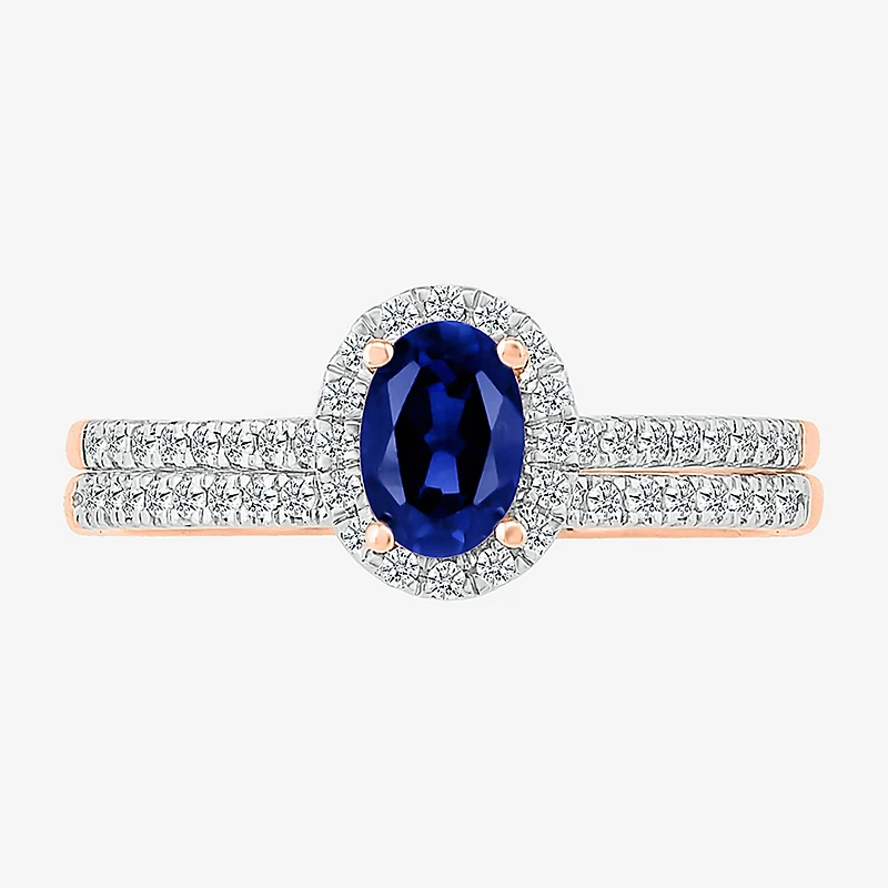 Modern Bride Gemstone Womens Lab Created Blue Sapphire 14K Gold Oval Bridal Set