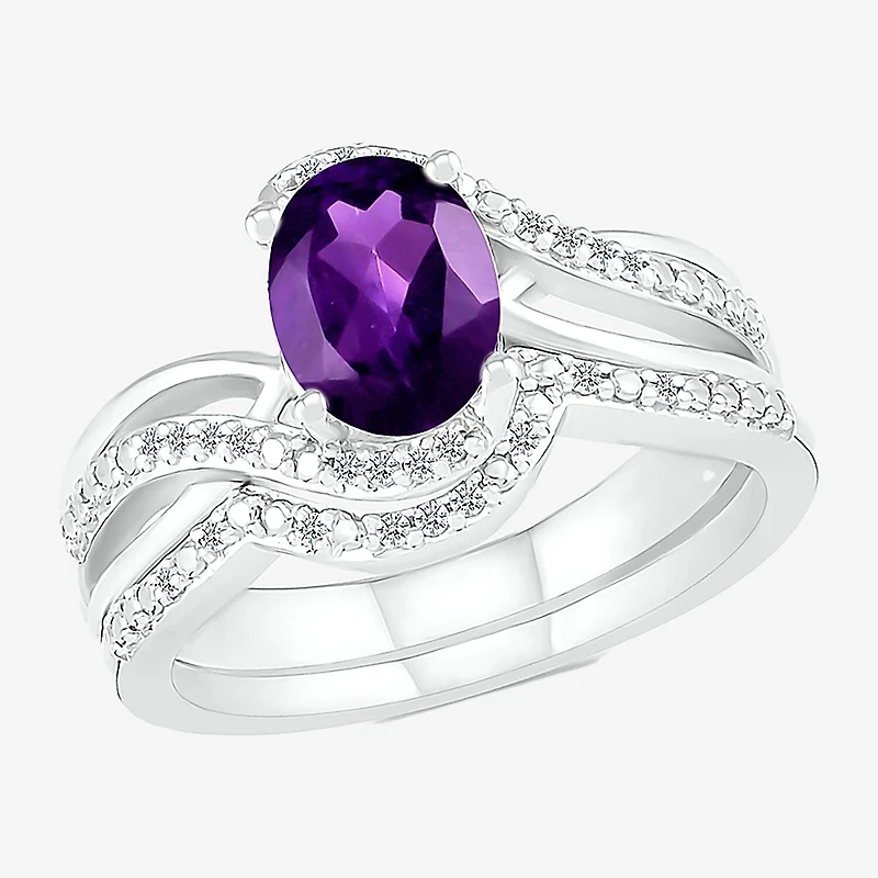 Modern Bride Gemstone Womens Genuine Purple Amethyst 14K Gold Oval Bridal Set