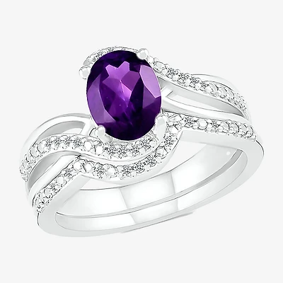 Modern Bride Gemstone Womens Genuine Purple Amethyst 14K Gold Oval Bridal Set