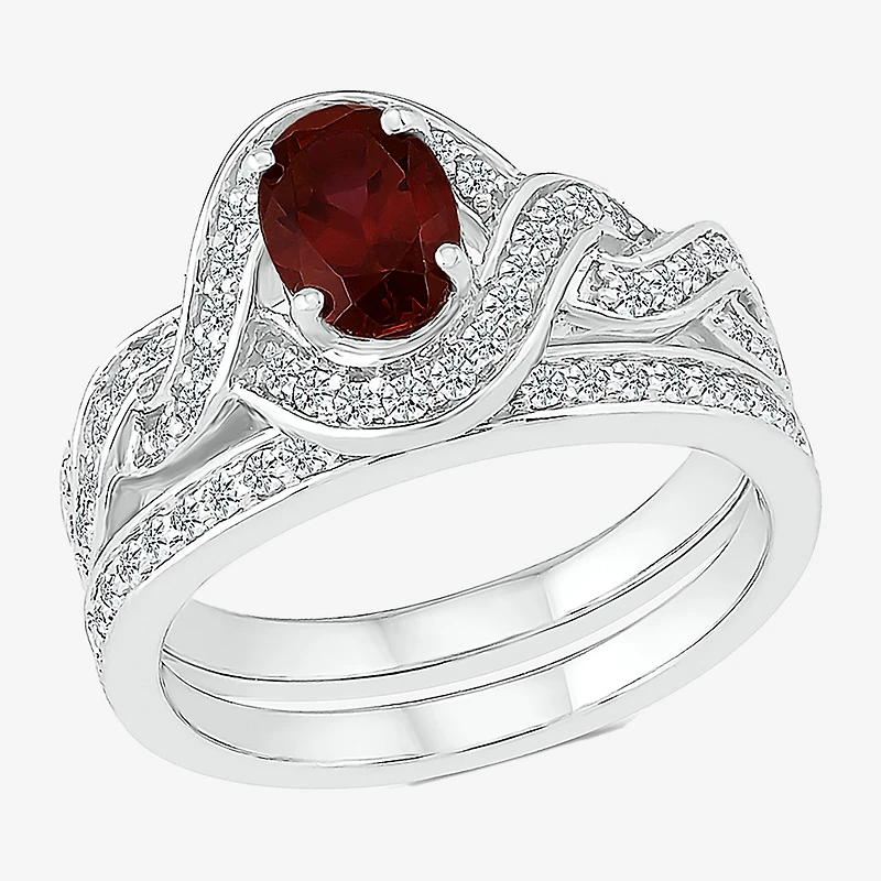 Modern Bride Gemstone Womens Genuine Red Garnet 14K Gold Oval Bridal Set
