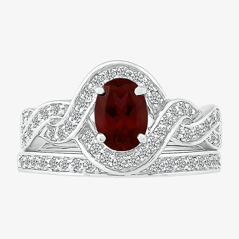 Modern Bride Gemstone Womens Genuine Red Garnet 14K Gold Oval Bridal Set