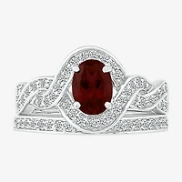 Modern Bride Gemstone Womens Genuine Red Garnet 14K Gold Oval Bridal Set