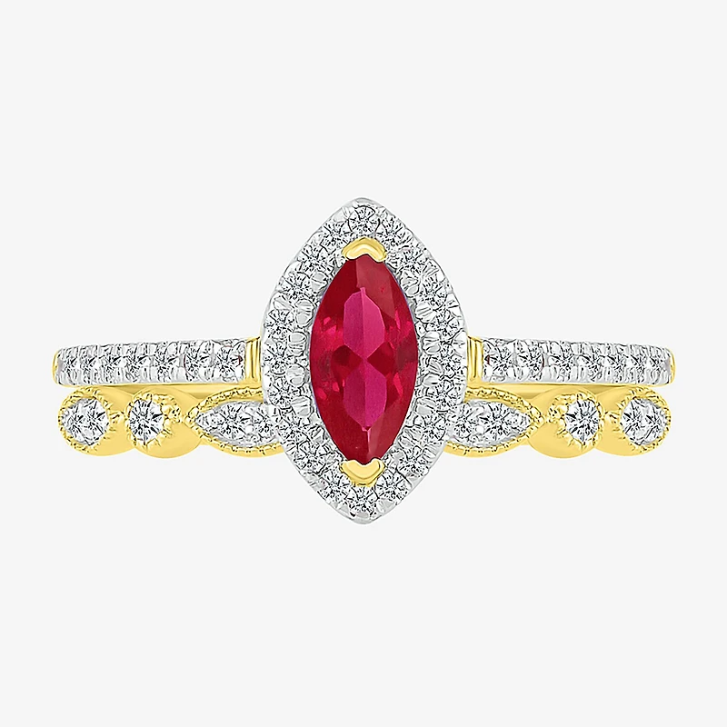 Modern Bride Gemstone Womens Lab Created Red Ruby 14K Gold Marquise Bridal Set