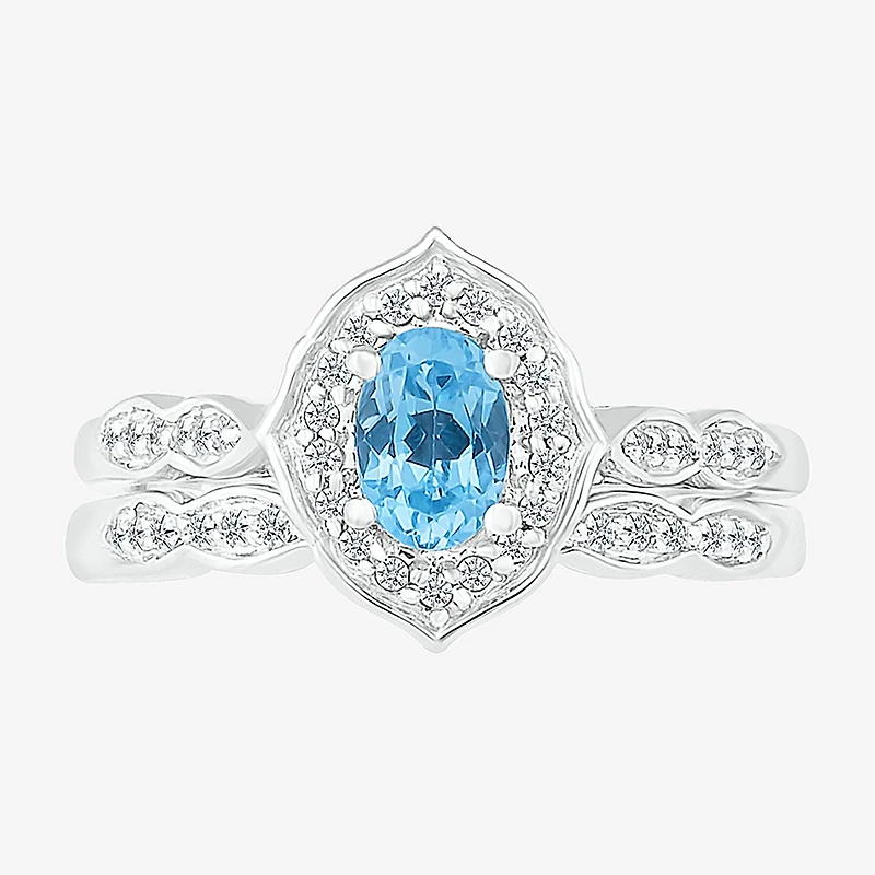 Modern Bride Gemstone Womens Genuine Blue Topaz 14K Gold Oval Bridal Set