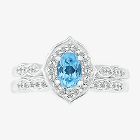 Modern Bride Gemstone Womens Genuine Blue Topaz 14K Gold Oval Bridal Set