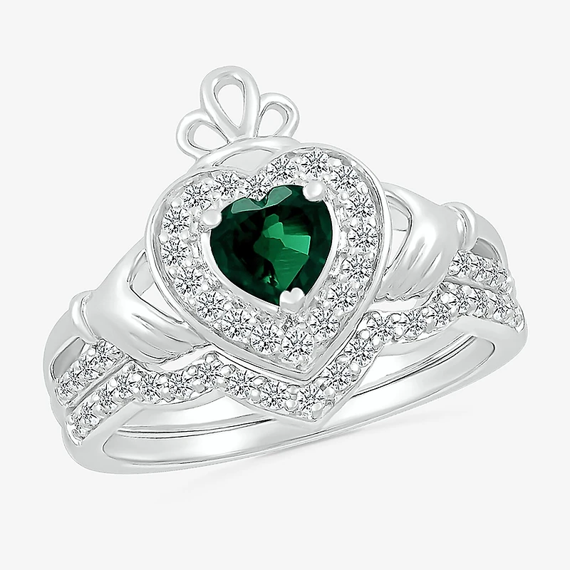 Modern Bride Gemstone Womens Lab Created Green Emerald 14K Gold Claddagh Bridal Set