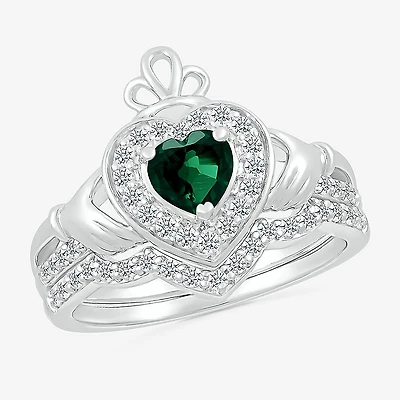 Modern Bride Gemstone Womens Lab Created Green Emerald 14K Gold Claddagh Bridal Set