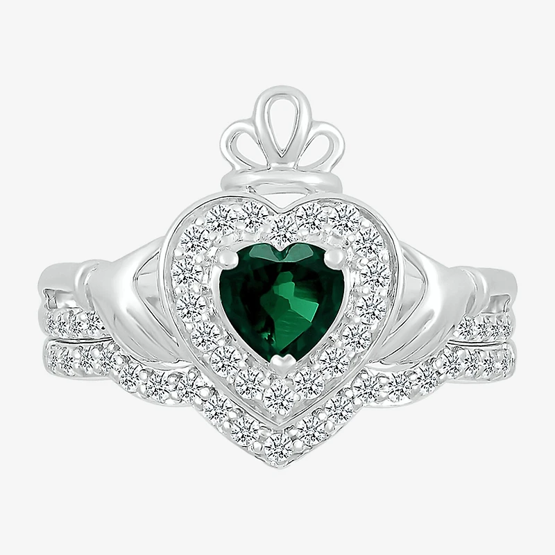 Modern Bride Gemstone Womens Lab Created Green Emerald 14K Gold Claddagh Bridal Set