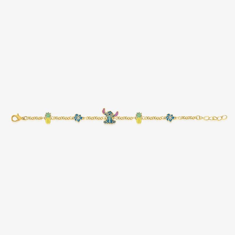 Disney Classics Womens Crystal 18K Gold Over Brass Flower Lilo & Stitch Charm Bracelet