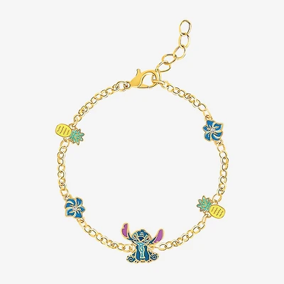 Disney Classics Womens Crystal 18K Gold Over Brass Flower Lilo & Stitch Charm Bracelet