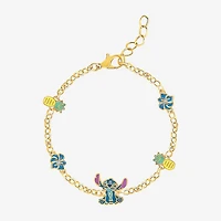 Disney Classics Womens Crystal 18K Gold Over Brass Flower Lilo & Stitch Charm Bracelet