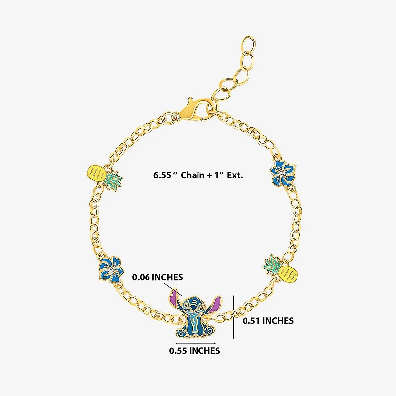 Disney Classics Womens Crystal 18K Gold Over Brass Flower Lilo & Stitch Charm Bracelet