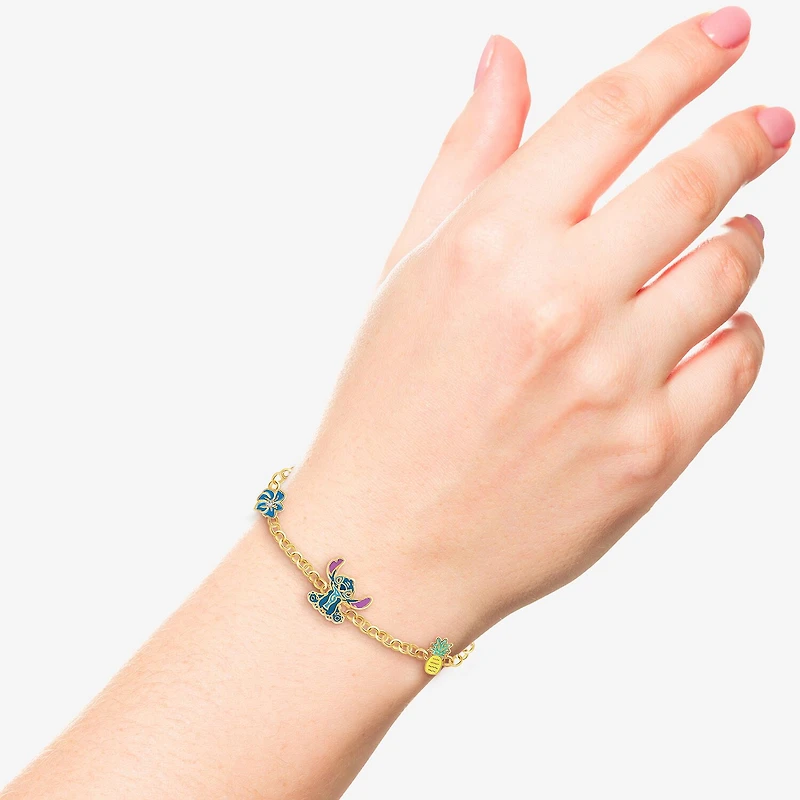 Disney Classics Womens Crystal 18K Gold Over Brass Flower Lilo & Stitch Charm Bracelet
