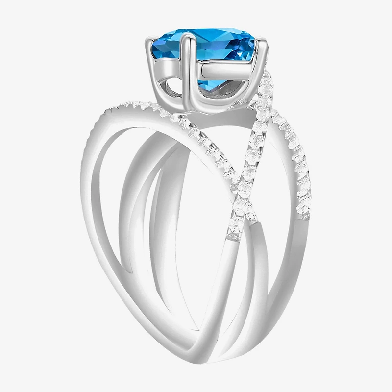 Womens Gemstone Sterling Silver Crossover Side Stone Cocktail Ring