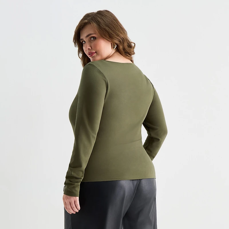 Ashley Graham Wire Notch Womens Plus Scoop Neck Long Sleeve T-Shirt