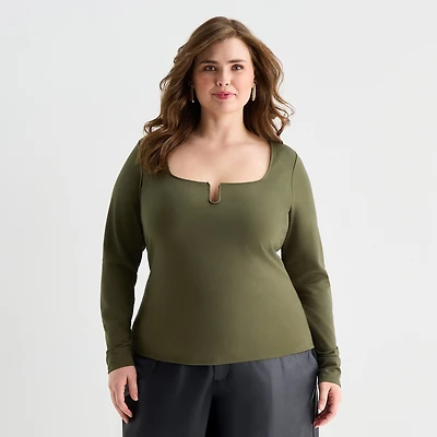 Ashley Graham Wire Notch Womens Plus Scoop Neck Long Sleeve T-Shirt