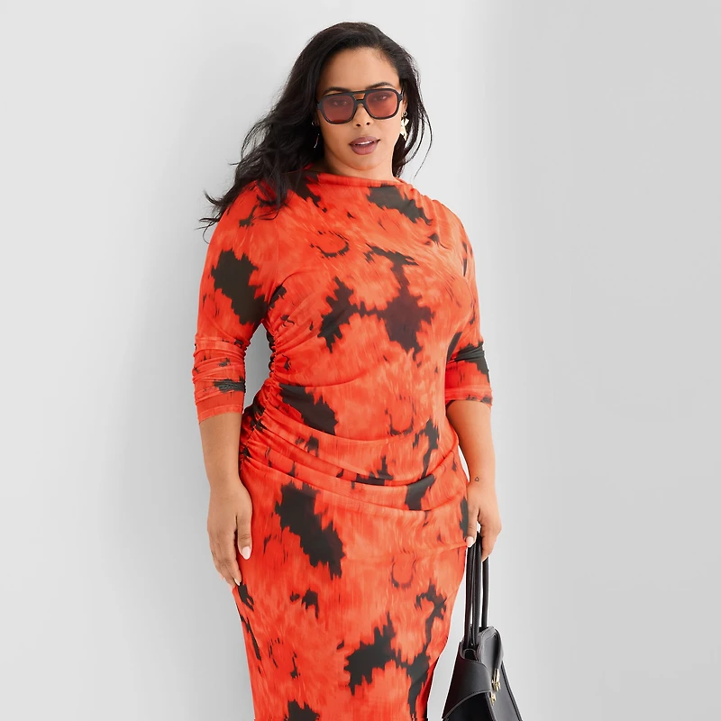 Ashley Graham Mesh Womens Plus Mock Neck Long Sleeve Fitted Floral Bodycon Dress