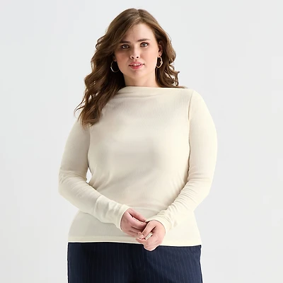 Ashley Graham Fine Rib Womens Plus Asymmetrical Neck Long Sleeve T-Shirt