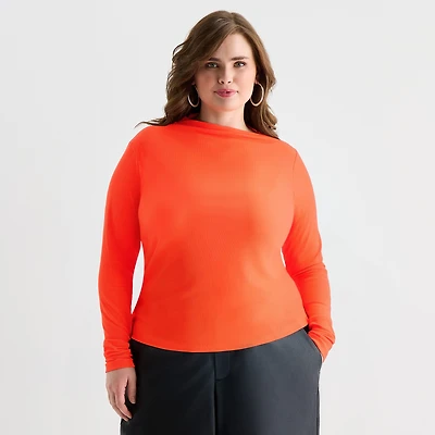 Ashley Graham Fine Rib Womens Plus Asymmetrical Neck Long Sleeve T-Shirt
