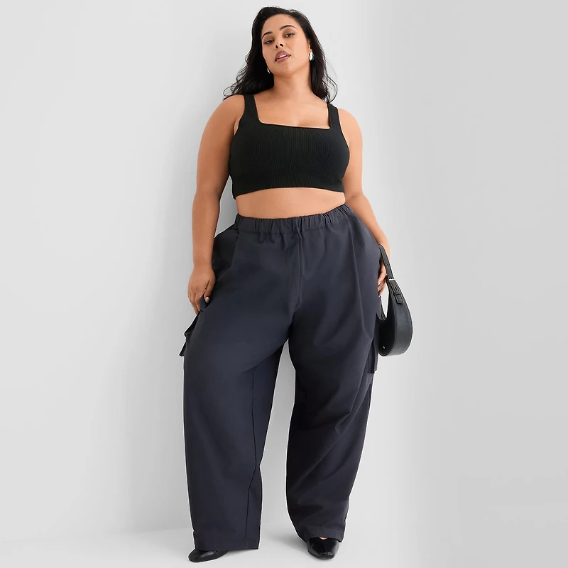 Ashley Graham Ribbed Womens Plus Square Neck Sleeveless Crop Top