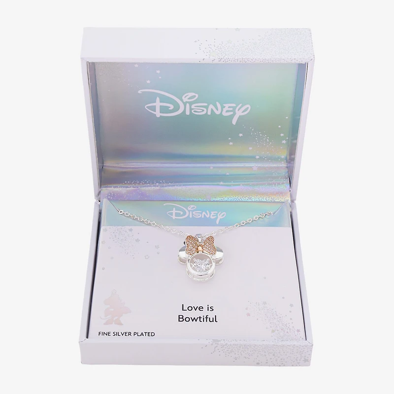 Disney Classics Womens Cubic Zirconia 14k Rose Gold Over Brass Pure Silver Over Brass Bow 18 Inch Pendant Necklace
