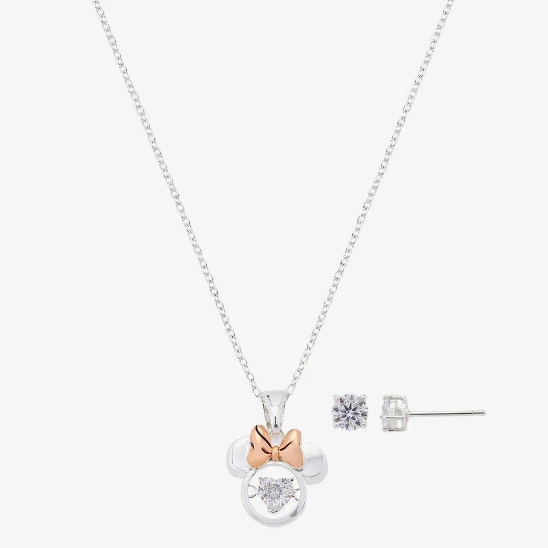 Disney Classics Womens Cubic Zirconia 14k Rose Gold Over Brass Pure Silver Over Brass Bow Minnie Mouse 2-pc. Jewelry Set