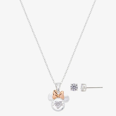 Disney Classics Womens Cubic Zirconia 14k Rose Gold Over Brass Pure Silver Over Brass Bow Minnie Mouse 2-pc. Jewelry Set