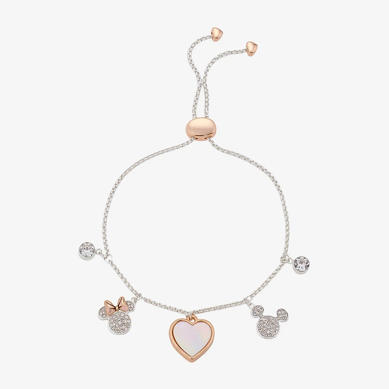Disney Classics Womens Crystal 14k Rose Gold Over Brass Pure Silver Over Brass Mickey Mouse Minnie Mouse Charm Bracelet