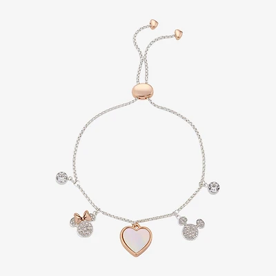 Disney Classics Womens Crystal 14k Rose Gold Over Brass Pure Silver Over Brass Mickey Mouse Minnie Mouse Charm Bracelet