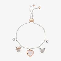 Disney Classics Womens Crystal 14k Rose Gold Over Brass Pure Silver Over Brass Mickey Mouse Minnie Mouse Charm Bracelet